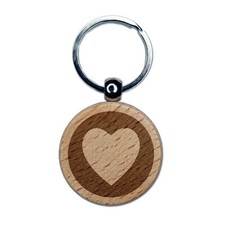Heart in Circle Engraved Wood Round Keychain Tag Charm