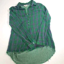 Umgee USA Womens Green Plaid and Checkered Blouse Size S 1/4 Button Front