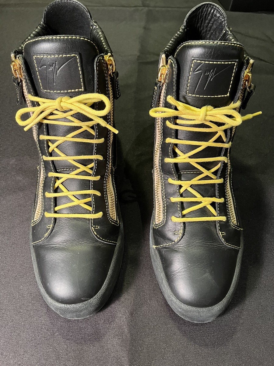 GIUSEPPE ZANOTTI BLACK GOLD ZIPPERS YELLOW HI TOPS SNEAKERS 46