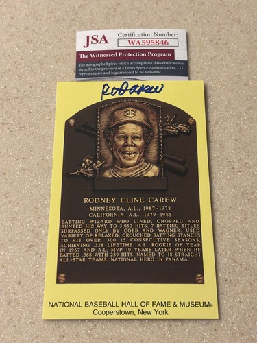 Rod Carew signed HOF plaque postcard * JSA *