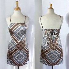 Satin Paisley Tie Back Mini Dress Boho Fairy Summer Cottagecore Bow Size XS