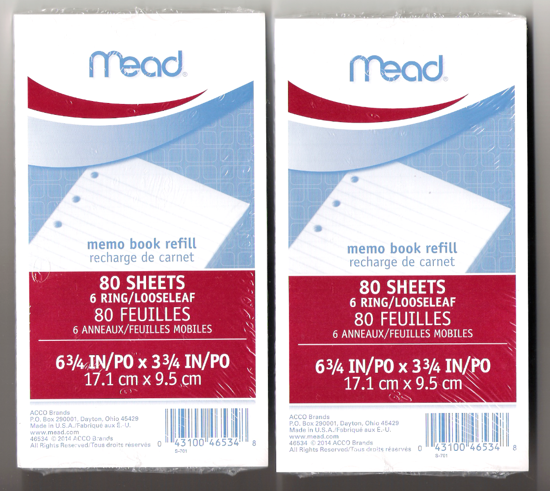 2 Pkg. of Mead Memo Refills 3 3/4" X 6 3/4 " Fits 6 Ring Binder 3.
