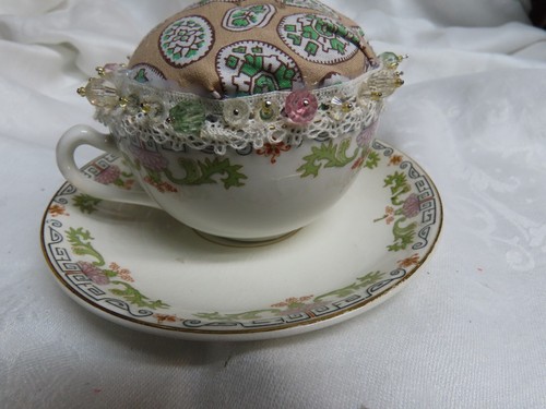 Teetasse Nadelkissen, Sammler Teetasse, grün, rosa, - Bild 5 von 8