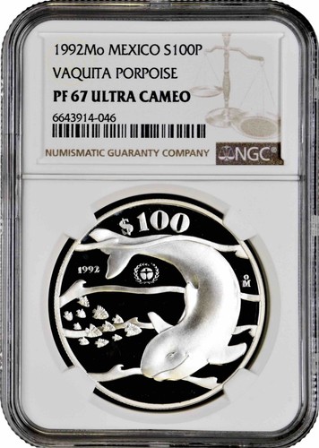 Mexico 100 pesos 1992, NGC PF67 UC, "Vaquita (Phocoena sinus)" silver coin - 第 1/2 張圖片