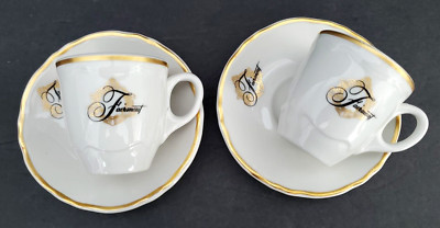 Fairmont Demitasse (2) Cups Saucers White Ceramic Gold Bands Shenango China USA