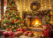 7x5ft Christmas Fireplace Backdrop Xmas Tree Gift Photography Decor X448