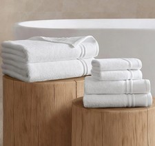 6 Piece Border Cotton Bath Towel Set Highly Absorbent Soft White Bathroom Linens