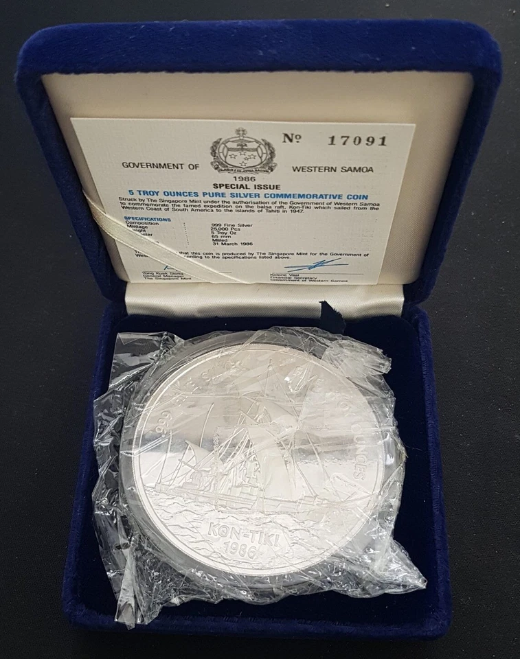 Samoa 25 TALA 1986 Sailing Ship Kon-Tiki 5Oz Silver PP SP131354 - Image 2 of 2