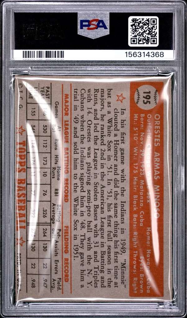 1952 Topps #195 ORESTES MINOSO PSA PSA 2 SN156314368 view 2