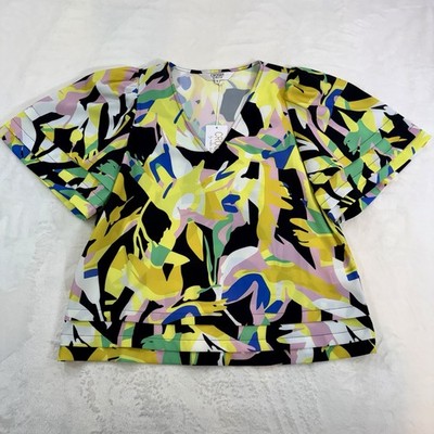 Crosby By Mollie Burch Top In Exotic Tropics Womans S Ruffle Sleeve V Neck NWT