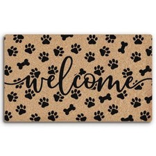 Dog Paws Print Welcome Faux Coco Coir Doormat Mat 30x17 Inch - Funny Black and