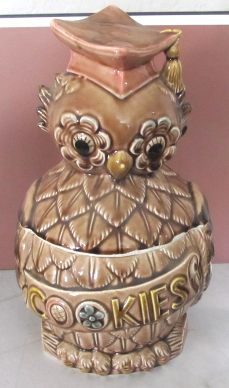 Vintage 50s MCM Wise Owl Teacher Professor COOKIE JAR w/ Flowers Japan Brown 12"