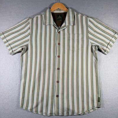 Prana Breathe Mens Large Green Striped Organic Cotton Short Sleeve Button Shirt