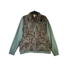 Bestow Green Brown Floral & Leaves Full Zip Sweater Jacket Women's Size XL Vtg