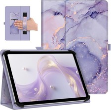 Case for 9-11 inch Tablet, Folio Stand Cover with Hand Strap, Lilac Marble