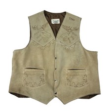 Vintage Suede Leather Western Vest XL Moose Hand Tooled Cowboy Ranch Rodeo Biker