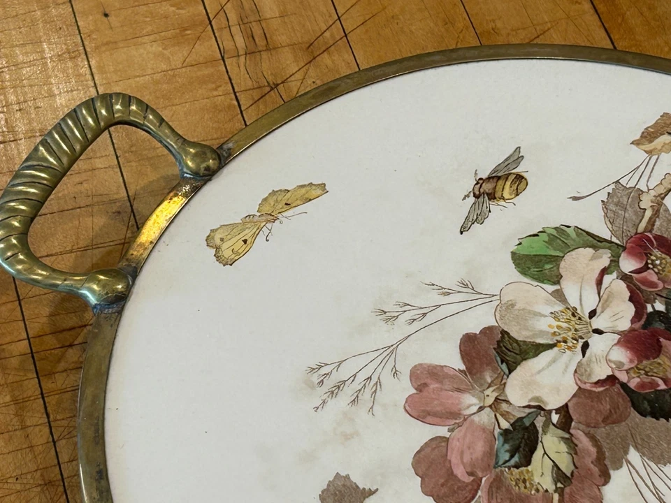 WMF 1900 Porcelana Latón Bandeja Soporte para Pasteles Floral con Mariposa y ABEJA! Alemania Foto 2 de 4