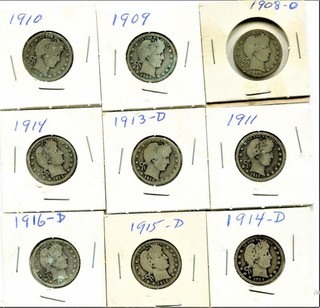 Barber Quarters 9 different coins