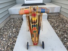 Vintage 6 Plays Croquet Set With Wooden Mallets Metal Caddy Cart Lawn Game