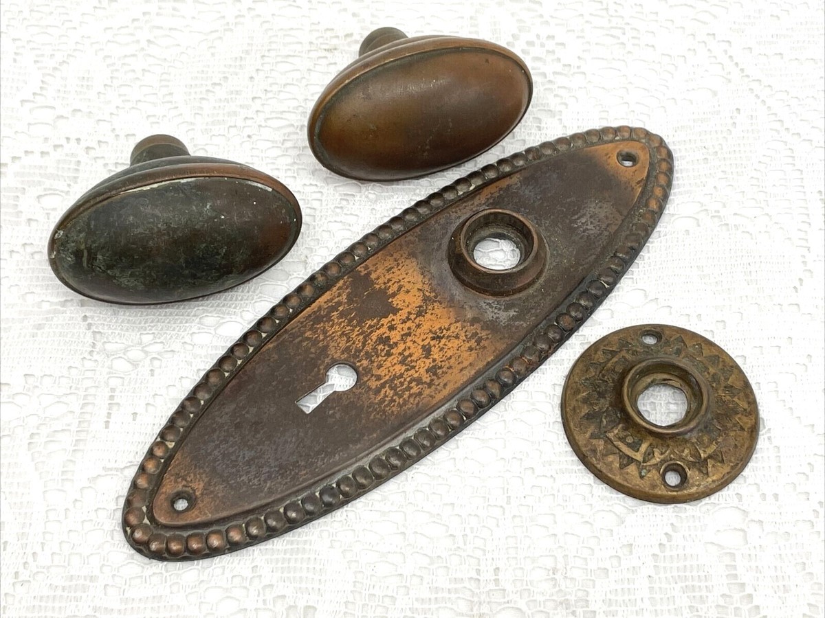 Antique Vtg Door Knob Set Back Plate Japanned Victorian Art Deco