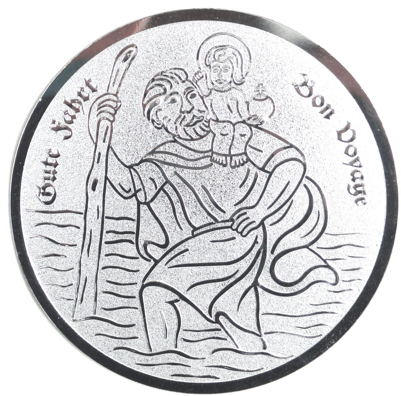 St. Christophorus Schutzpatron Blech Plakette 50 mm silberfarben mit Klebepad