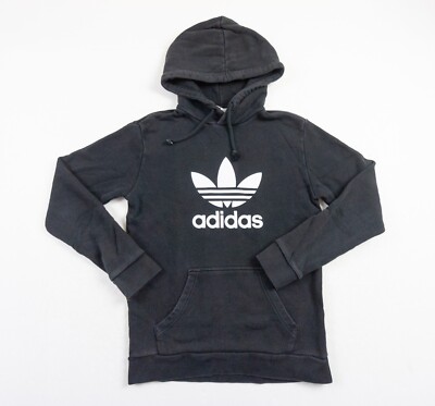 Adidas Sweatshirt Mens Small Black Hoodie Pullover Trefoil Sweater Casual Faded