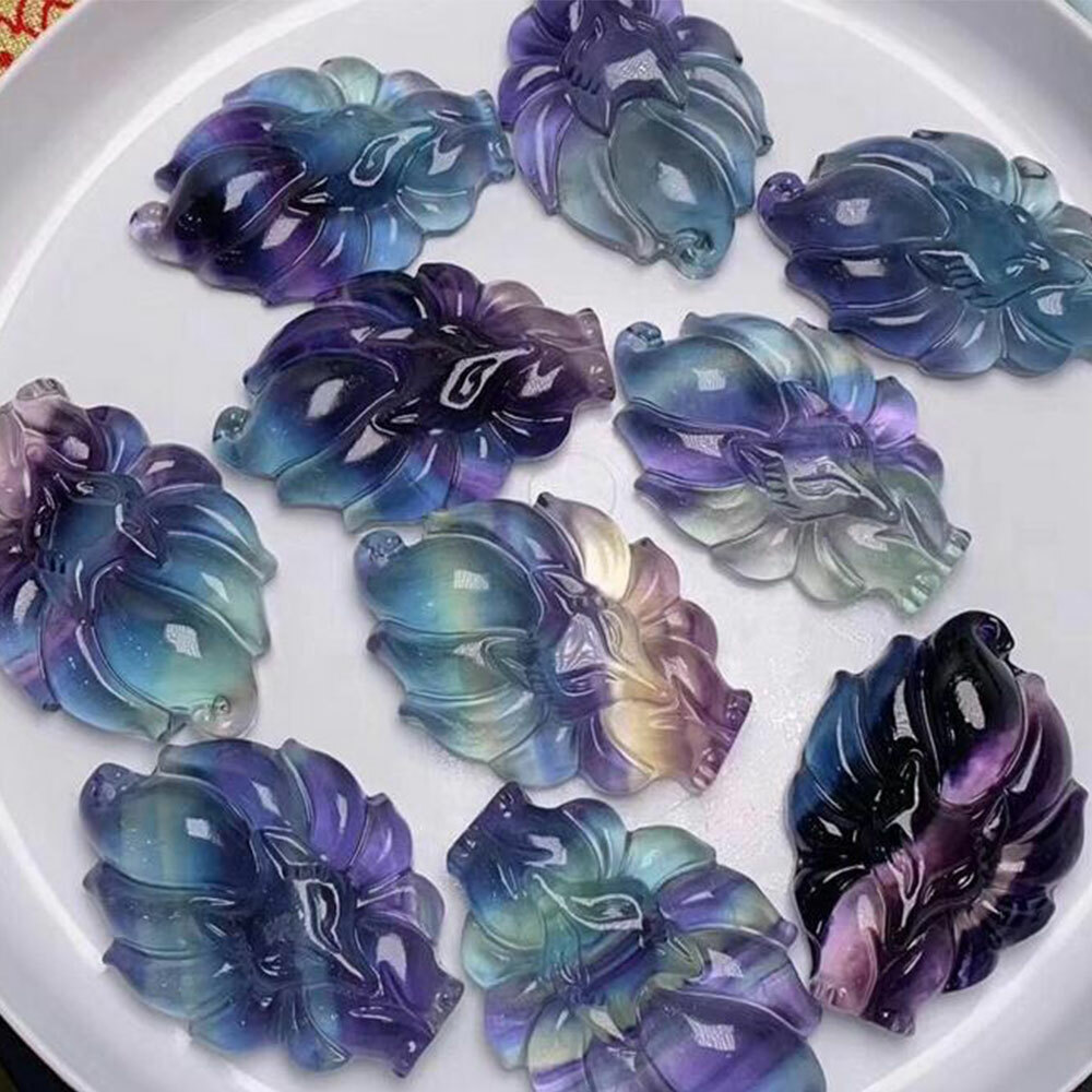 Rainbow Fluorite Carved Nine-Tailed Fox Crystal Pendant Healing Stone