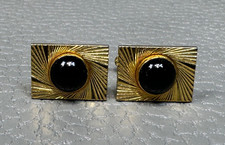 Vintage Onyx Spiral Sunburst Yellow Gold Plated Cuff Links