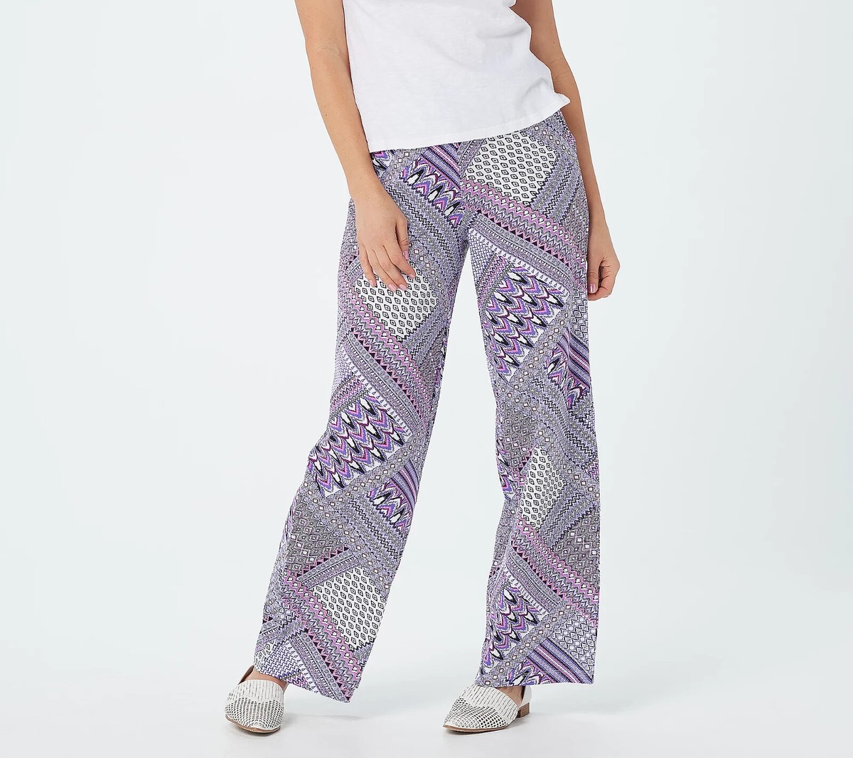 Denim Petite Beach Pull-On Wide-Leg Pants, Lilac Patchwork