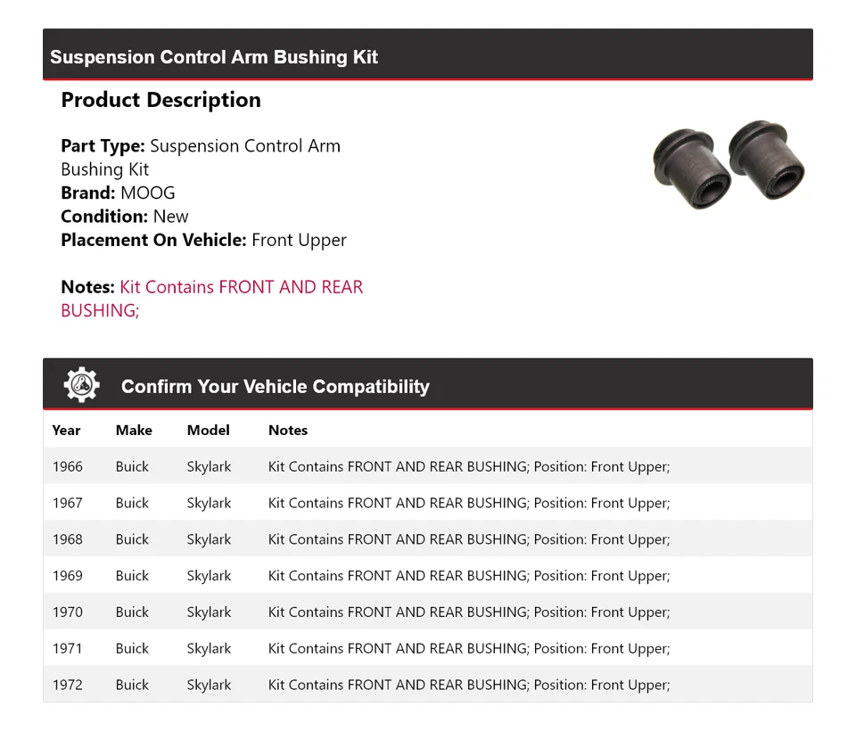 Kit de buje de brazo de control de suspensión delantero superior MOOG para Buick Skylark 1966-1972 Foto 2 de 4