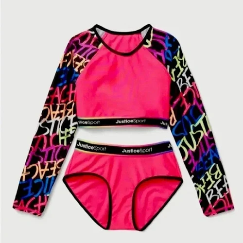 Justice Girls size XL 16-18 Sport Long Sleeve Rashguard Swimsuit Set COLOR PINK - Picture 5 of 12