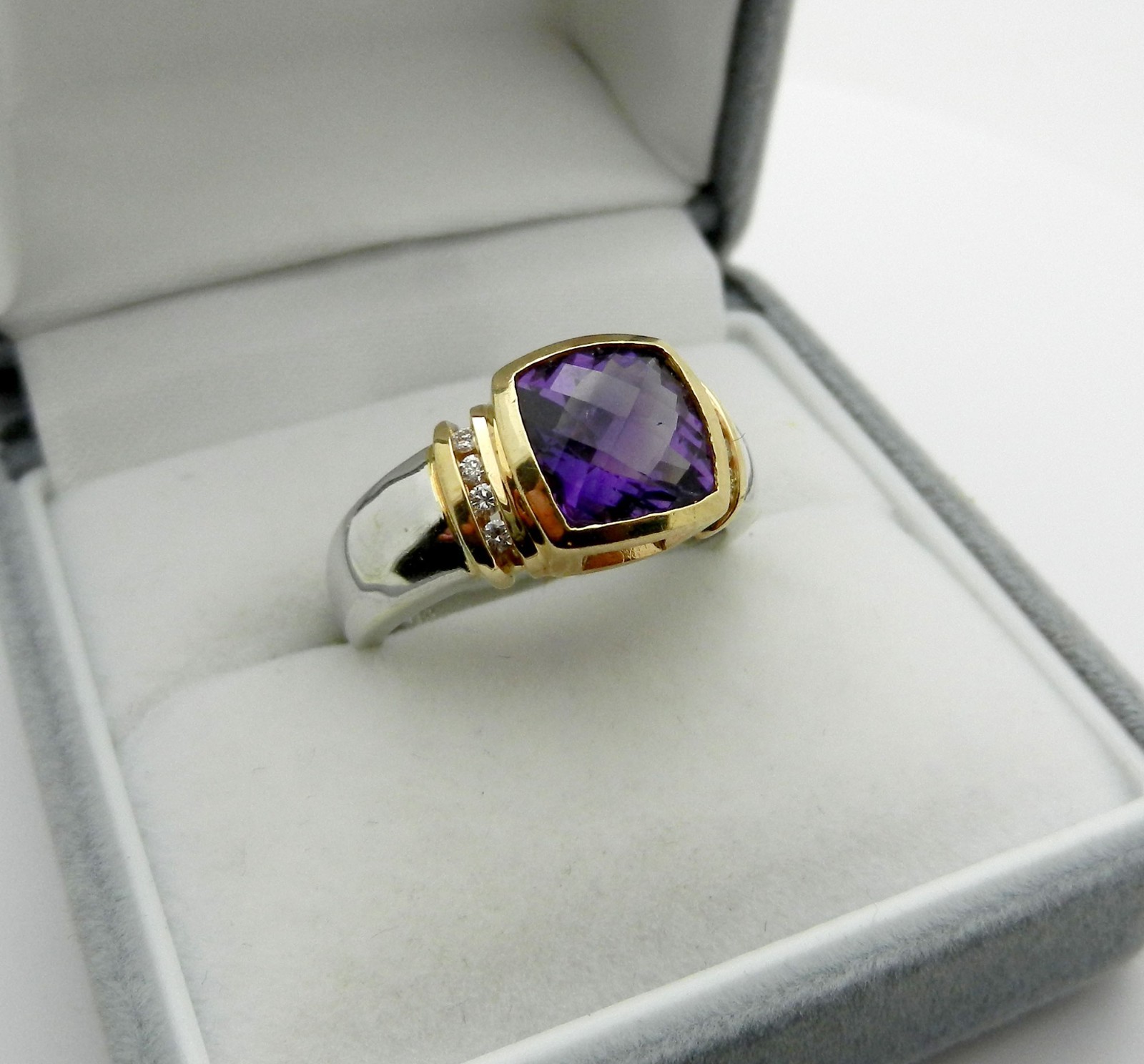 Solid 14k Gold Checkerboard Amethyst Ring with Di… - image 11