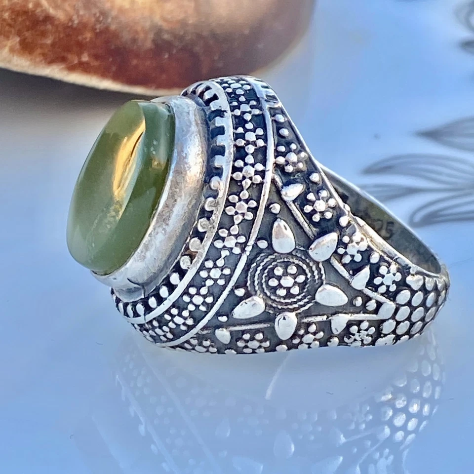 独特手工玉宝石 925 纯银戒指 男式 حجر جاد — 第 4/4 张图片