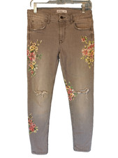 Zara Basic Z1975 Denim Jean Floral Print Gray Stretch Distressed Size 6