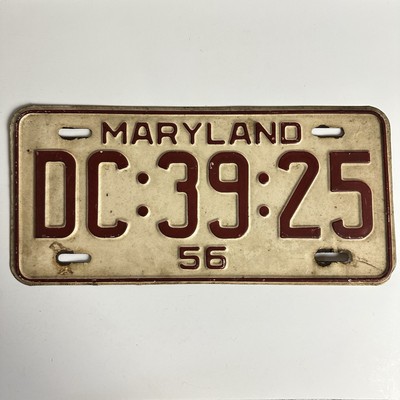 Vintage Maryland DC:39:25 License Plate Tag 56 1956 White Red