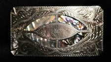 Vintage Western Belt Buckle Hand Engraved Abalone Shell Inlay Alpaca Silver 58g