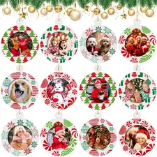 12 Pcs Christmas Picture Frame Ornament Wooden Round Photo Frame Hanging Orna...