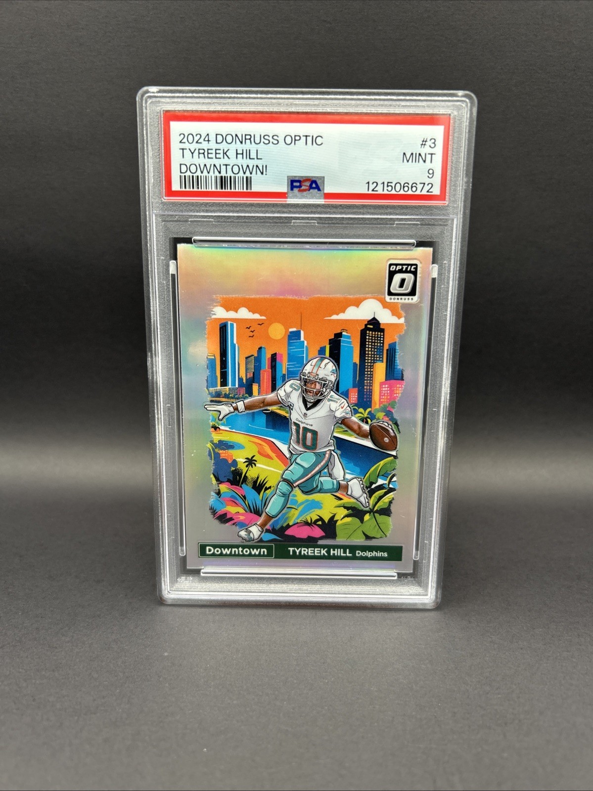 2024 Donruss Optic Tyreek Hill Downtown! #3 Miami Dolphins PSA 9 Insert view 1