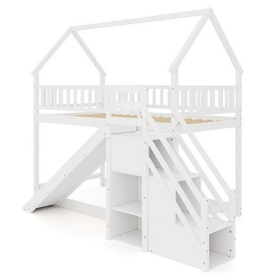 Twin Over Twin Bunk Bed w/Slide & Staircase Storage Compartments for Kids Teens