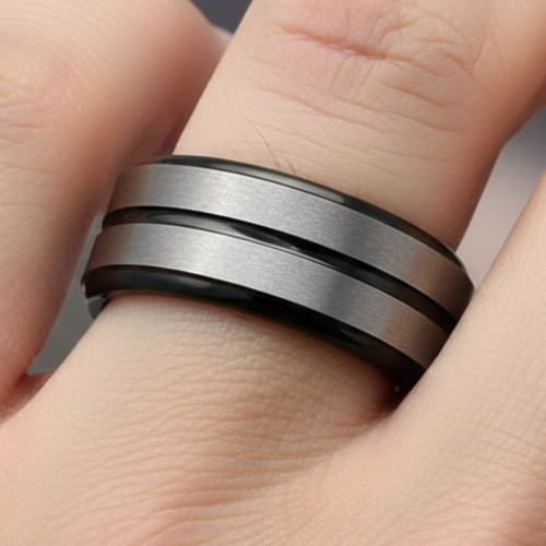Men’s 8mm Tungsten Ring in Black & Silver With Brushed Center and Layered Design