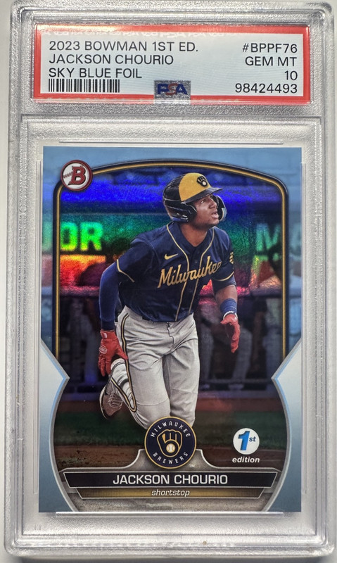 2023 Bowman 1st Edition Jackson Chourio #BPPF-76 Sky Blue Foil (RC) PSA 10 GEM
