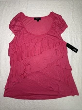 AGB Studio Top Women Size XL Hot Pink Stretch Knit Ruffled Short Sleeve NWT