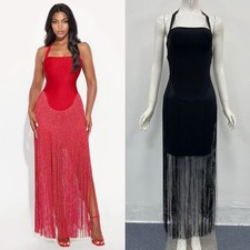 2026 Womens Tassel Sexy Hanging Neck Strapless Slimming Lace Dress Evening Dress