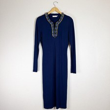TORY BURCH navy blue beaded Sabina jersey knit midi dress SIZE MEDIUM