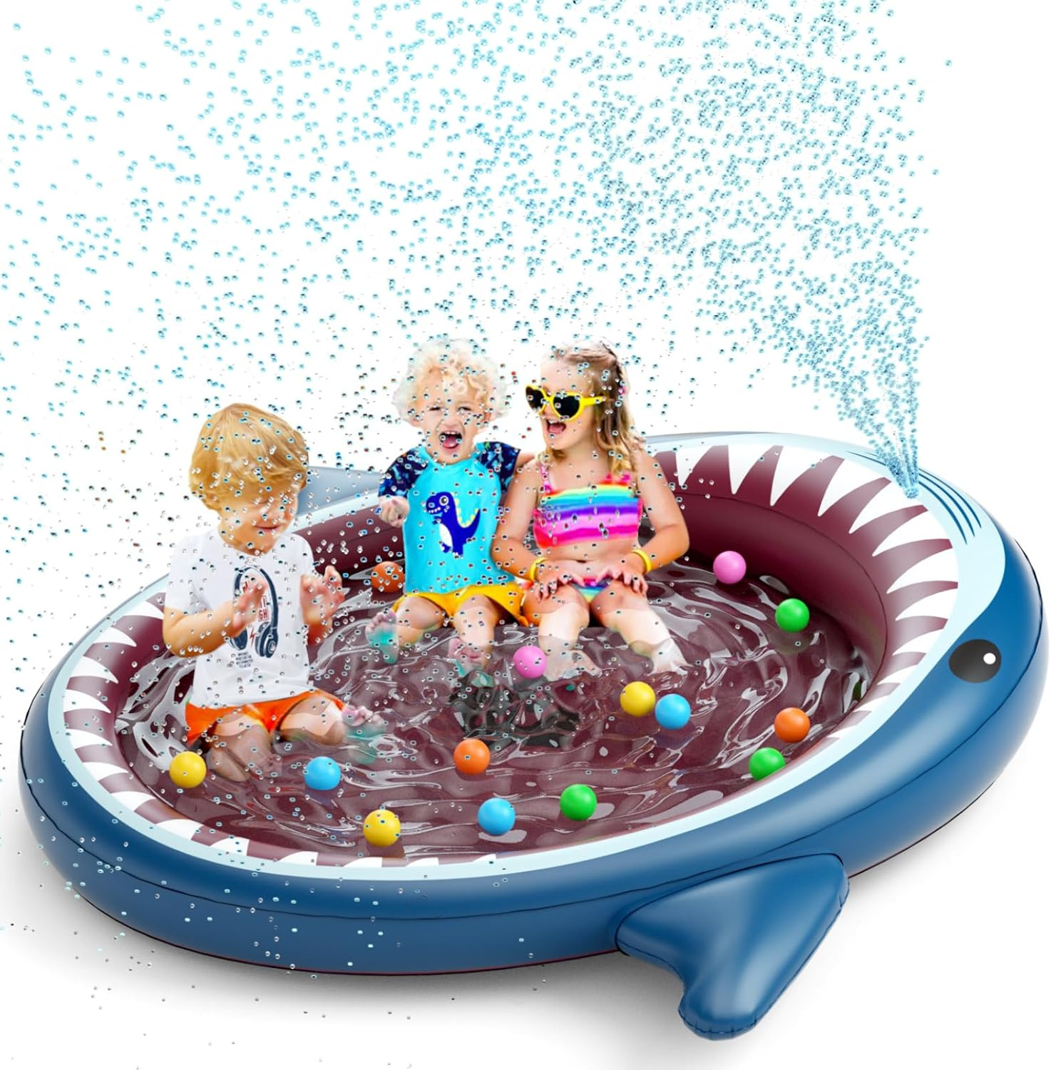 71-Inch Inflatable Kiddie Pool with Sprinkler Ball Pit and Shark Design for Toddlers