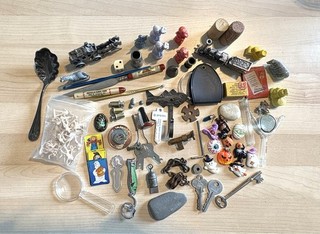 Junk Drawer Lot: Tokens Figurines Vintage Keys SS Ladle Bits & Pieces