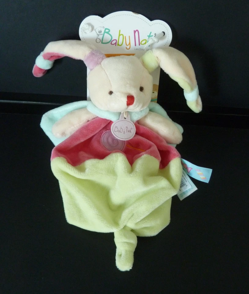 SD*. Doudou plat rond BABY NAT' LAPIN vert rose bleu écru sucette BN0126 NEUF - Photo 3/4