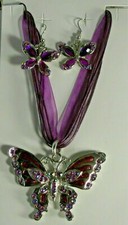 Silver Plate Enamel AB Crystal Butterfly Necklace Pierced Earrings Set 7 Colors