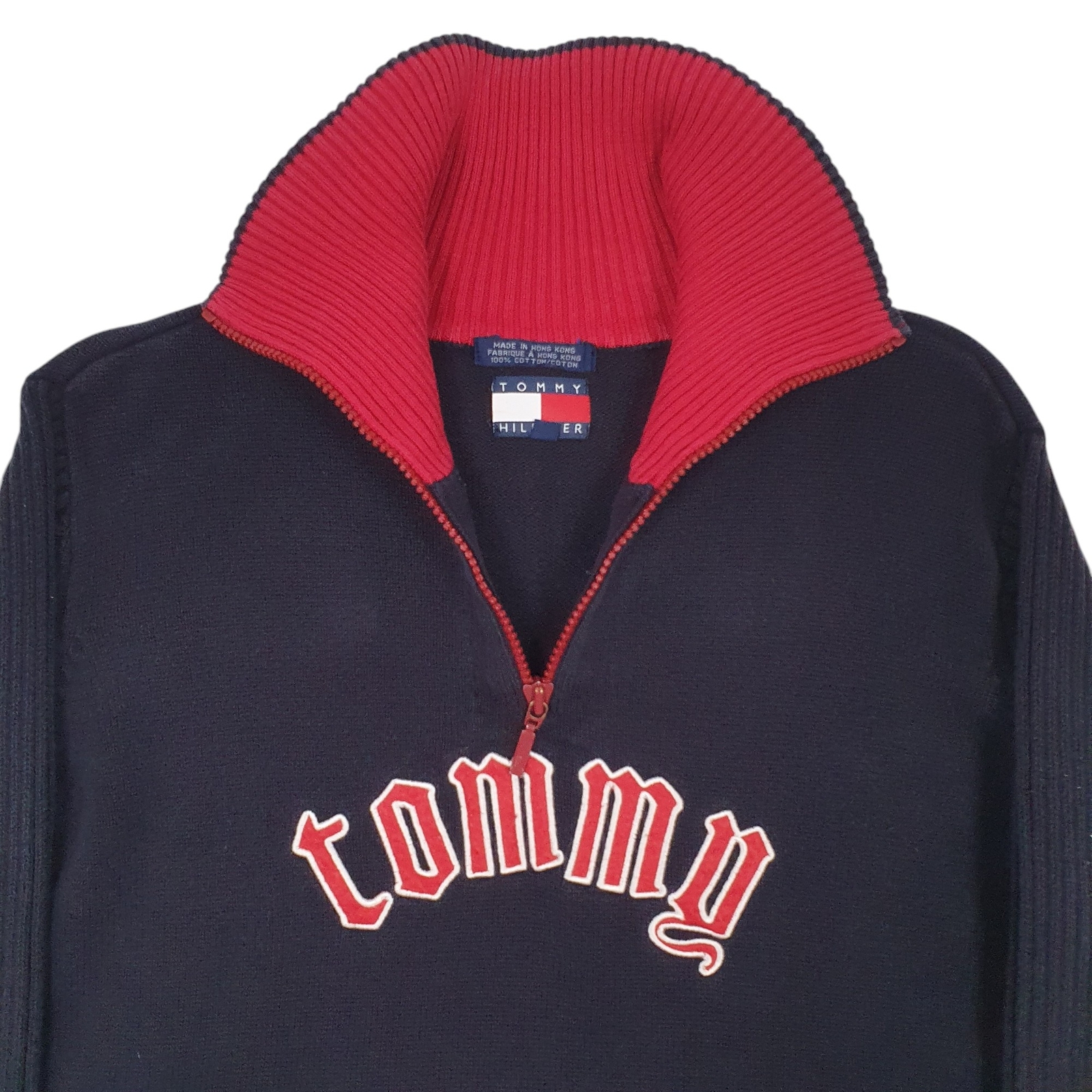 TOMMY HILFIGER 1/4 Quarter Zip Spellout Vintage Knitwear Jumper Sweatshirt M image 2