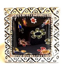 Black Murano Glass Cocktail Ring Size 7 8 Millefiori Style Flowers Silver Plated